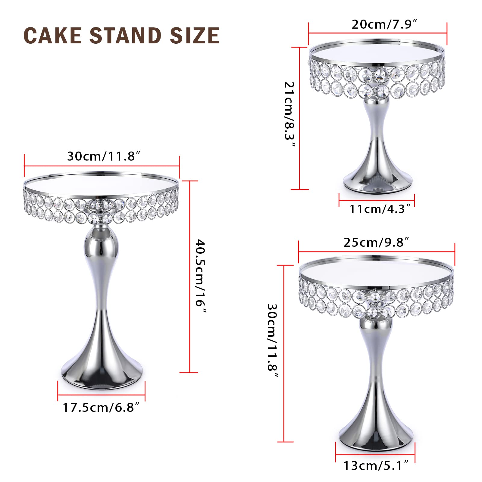 Luxury Dessert Tower Set | Silver Metal Cake Stands with Crystal Beads & Mirror Surface, 8" 10" 12" Tiered Display for Pastries Fruits Appetizers, Event Buffet Centerpiece