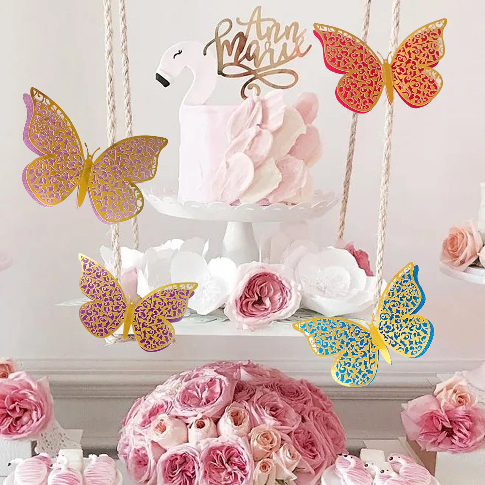Double-Layer Rainbow 3D Butterfly Wall Decals - Hollow-Out Design for Living Room & Bedroom Decor (Festive Home Celebration Stickers)