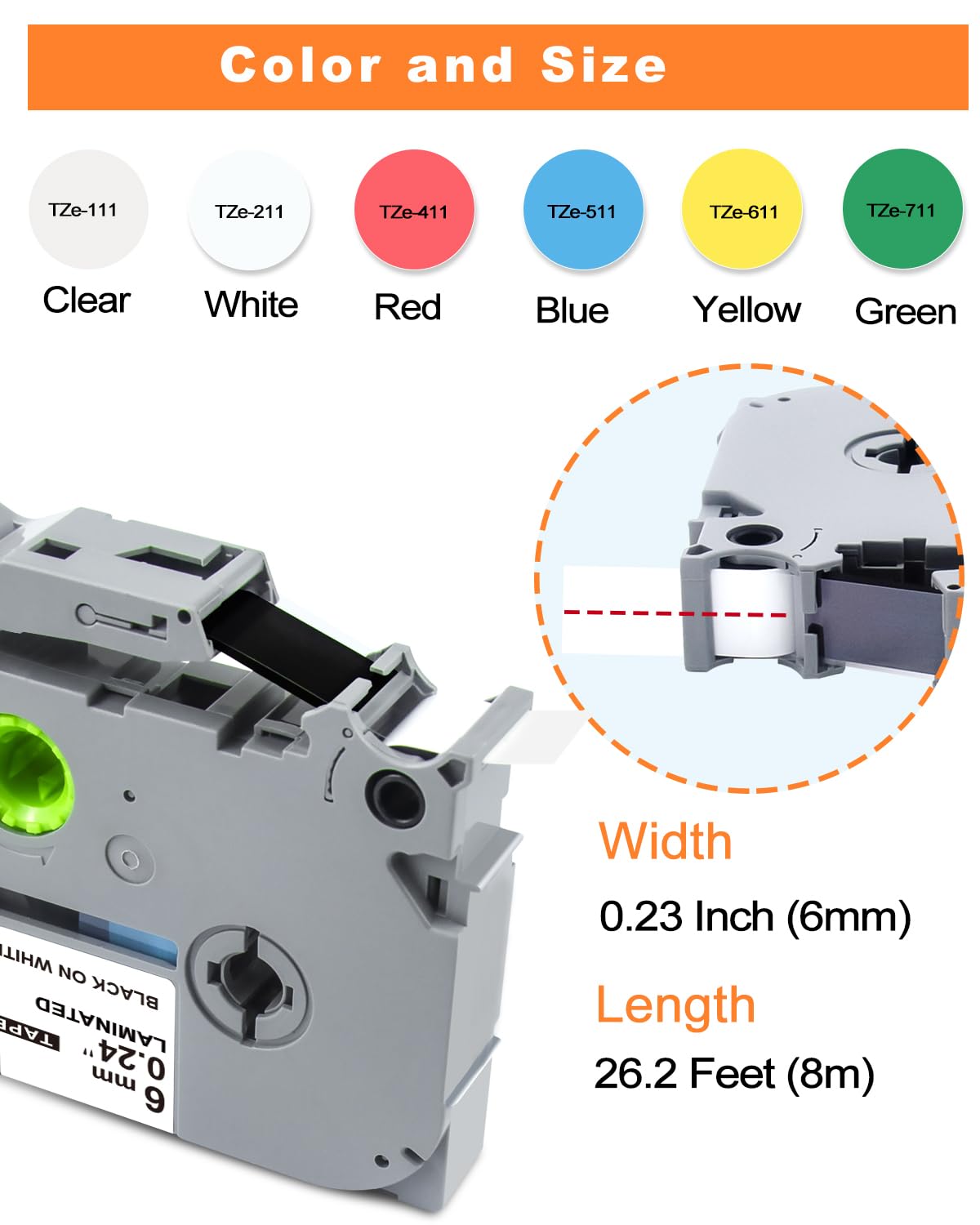 Compatible with Brother Label Tape TZe TZ Tape 6mm 1/4" Label Maker Tape TZe-111 TZe 211 411 511 611 711 Laminated Labels for Brother PT-D210 PT-H110 PTD400 PT1280 PTP300BT P700, 6 Pack/1pcs bulk packing
