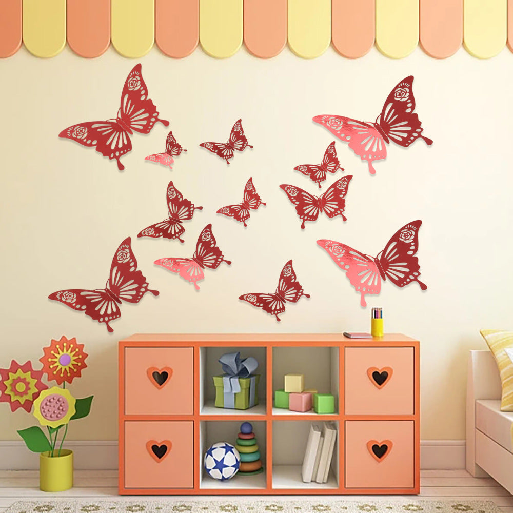 Red 3D Hollow-Out Butterfly Wall Stickers - Self-Adhesive Decor for Living Room, Bedroom & Wedding Party (Creative Holiday Decoration)