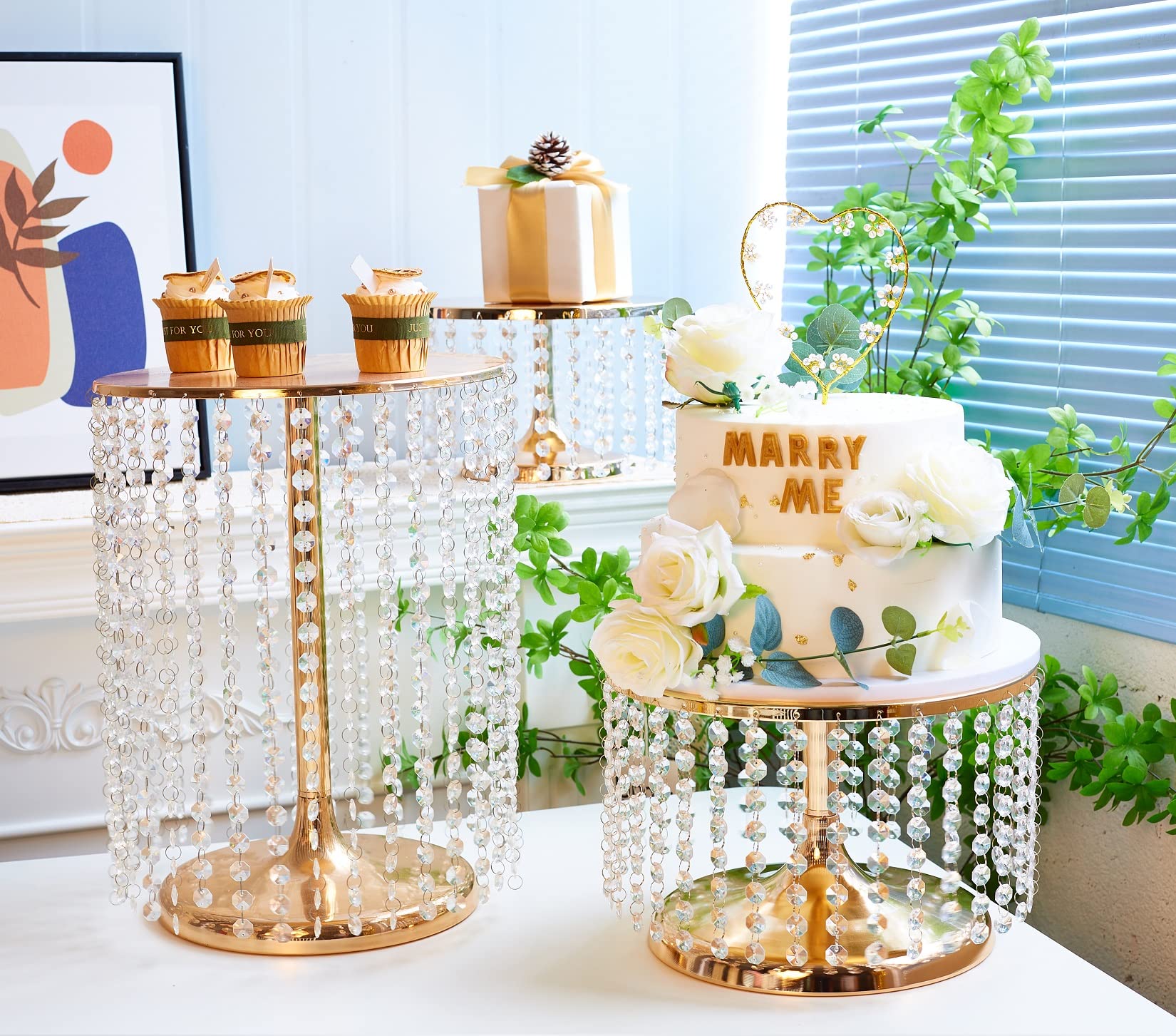 Silver Cake Stand Set of 3 - Elegant Round Tiered Stands with Crystal Beads for Wedding, Christmas & Dessert Displays