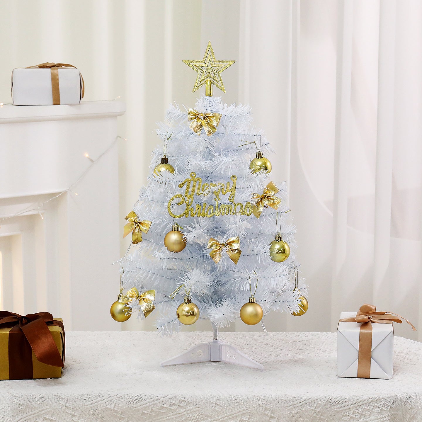 Christmas Eve Centerpiece Tree, Gold & White Mini Tree for Holiday Tablescapes, 45cm/60cm Battery Operated Festive Decor, Ceremonial Tabletop Ornament for Family Gatherings