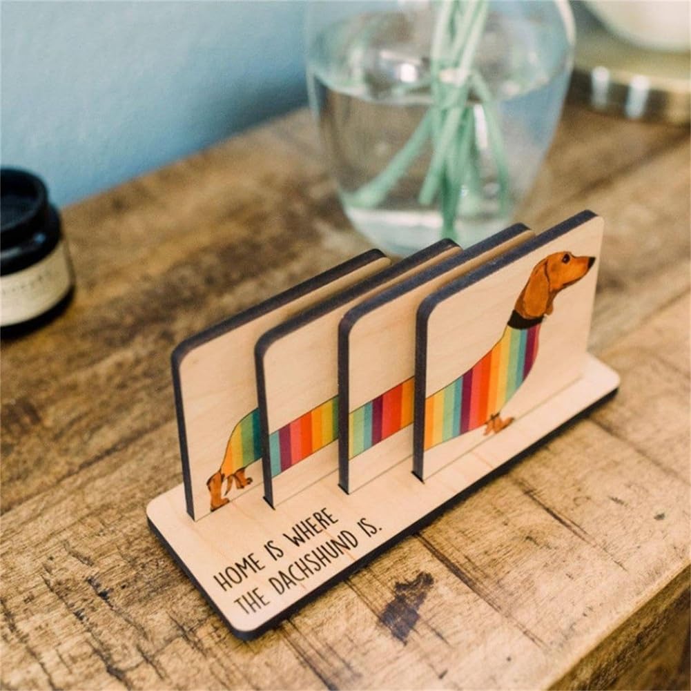 Dachshund Coasters with Holder, Wooden Coaster Set, Dachshund Themed Dining Table Decoration, Animal Coasters