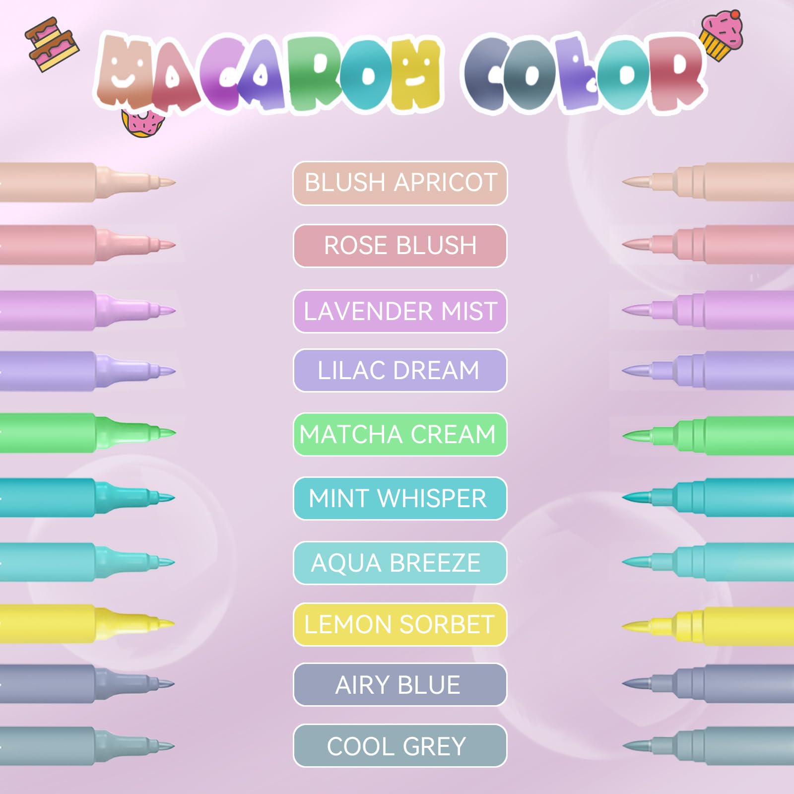 Macaron Coloring Pens (10 Pastel Colors) - Dual Tip Food Markers for Cake Decorating | Fine & Thick Edible Markers for Cookies, Fondant, Icing & Cupcakes