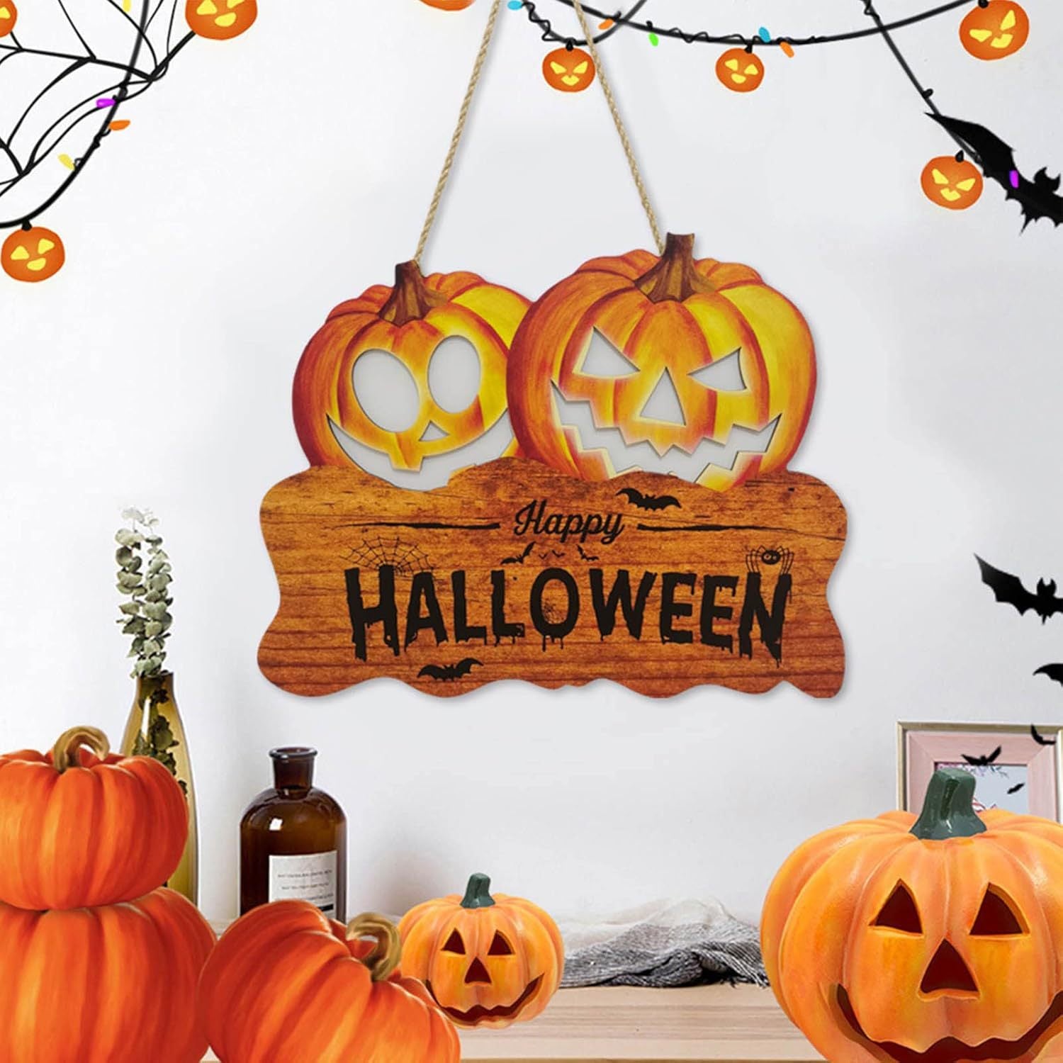 Happy Halloween Front Door Sign Wooden Hanging Decoration Pumpkin Wreath Wall Hanging Sign Garden Party Decor Fall Room Decor Indoor Halloween Decorations Autumn Door Decor