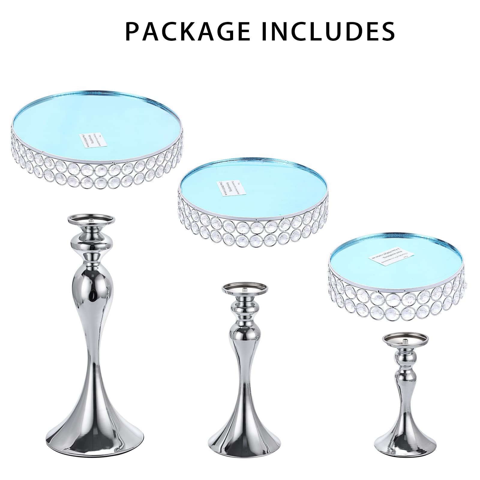 Luxury Dessert Tower Set | Silver Metal Cake Stands with Crystal Beads & Mirror Surface, 8" 10" 12" Tiered Display for Pastries Fruits Appetizers, Event Buffet Centerpiece