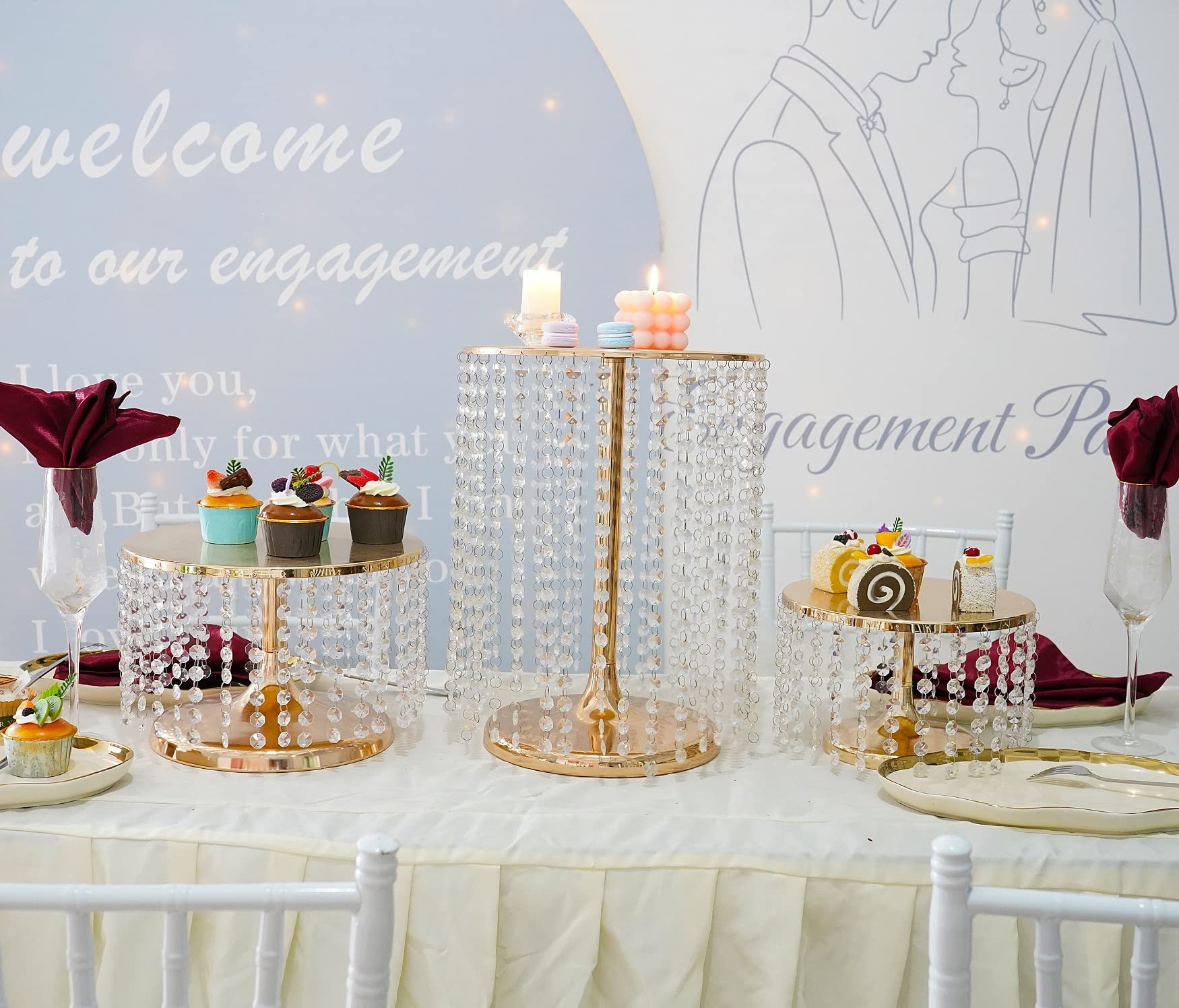 Silver Cake Stand Set of 3 - Elegant Round Tiered Stands with Crystal Beads for Wedding, Christmas & Dessert Displays