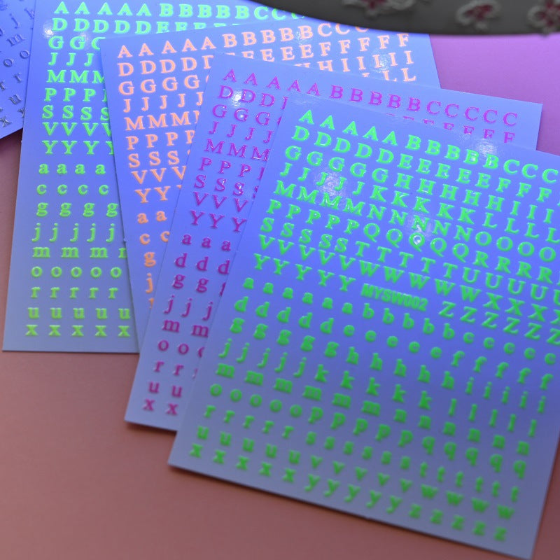 12-Color Fluorescent Nail Letter Stickers Set - Complete A-Z Alphabet (Upper & Lower Case) for School Nail Art Classes & Office Creativity