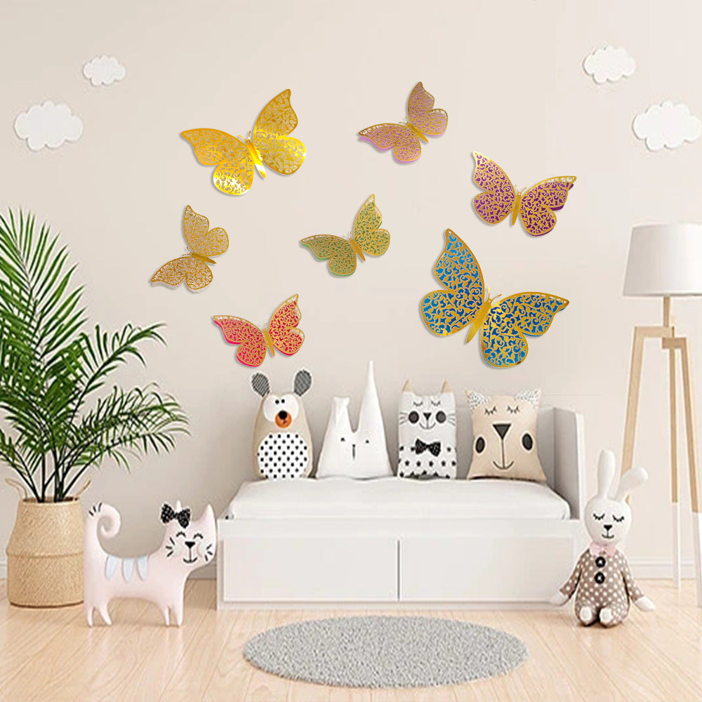 Double-Layer Rainbow 3D Butterfly Wall Decals - Hollow-Out Design for Living Room & Bedroom Decor (Festive Home Celebration Stickers)