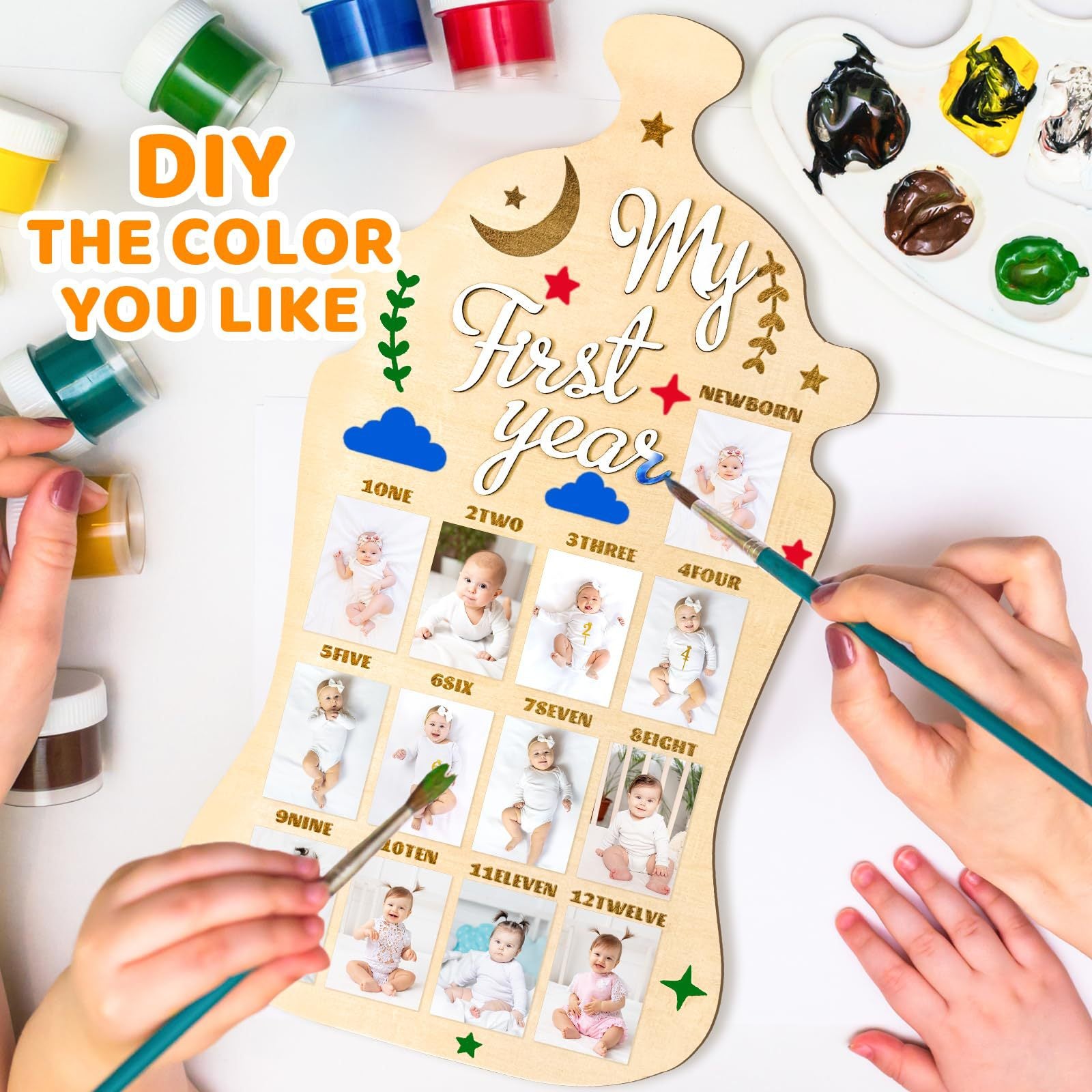 My First Year Display Photo Board First Birthday Wooden Photo Frame Wood One Year Baby Monthly Picture Board 12 Months Milestone Baby Keepsake Gift Baby Shower Backdrop Photo Prop Party Decoration