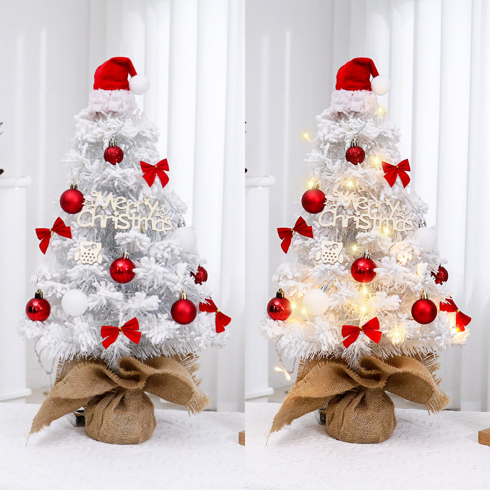 Mini Tabletop Christmas Tree with Cute Top Hat, Small Flocked White Tree Set for Desk & Shelf Decor, 45cm/60cm Artificial Xmas Tree with Ornaments, Cozy Miniature Holiday Display
