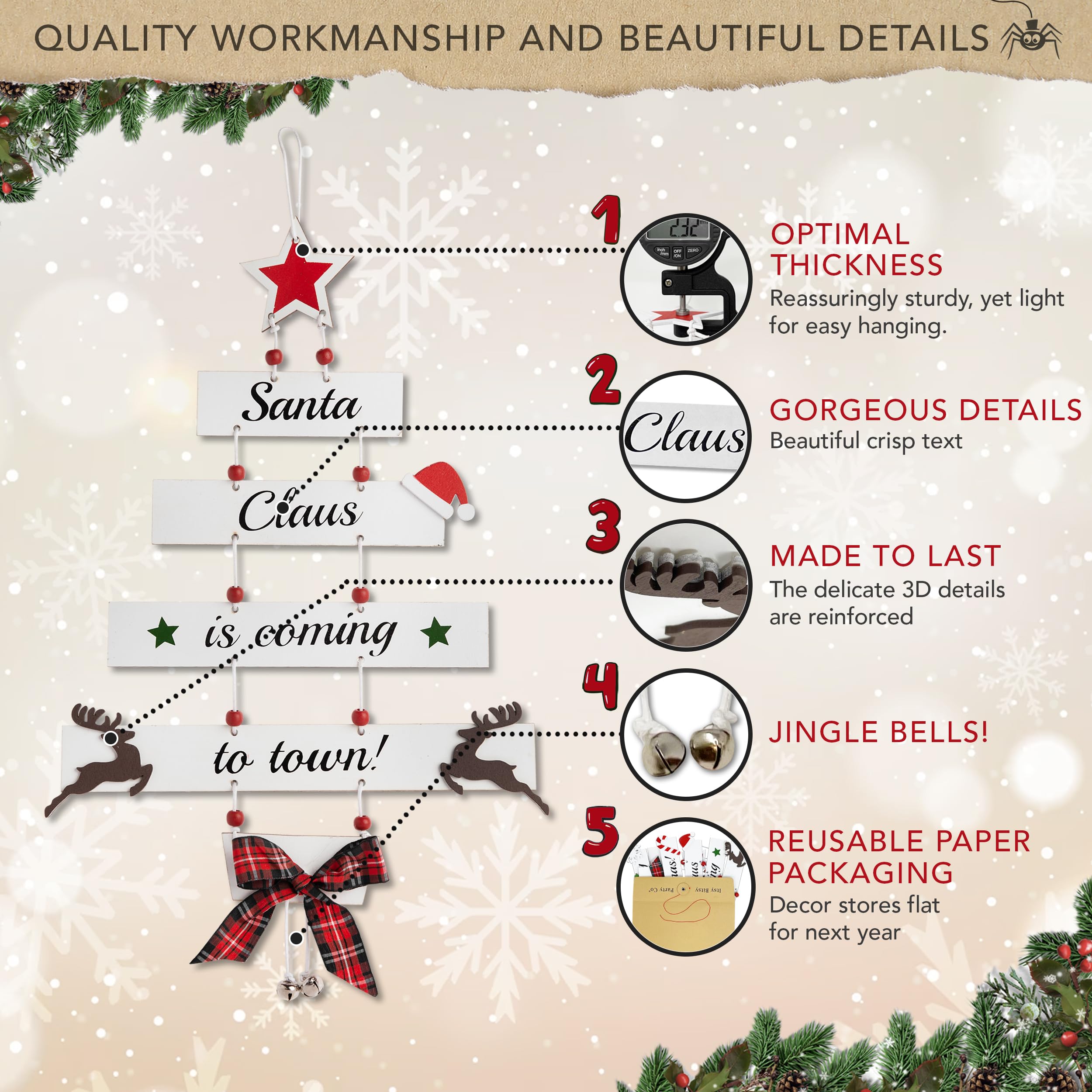 Premium Wooden Christmas Decorations - Small Hanging Indoor Home Decor for Door, Wall, Xmas Tree and Farmhouse