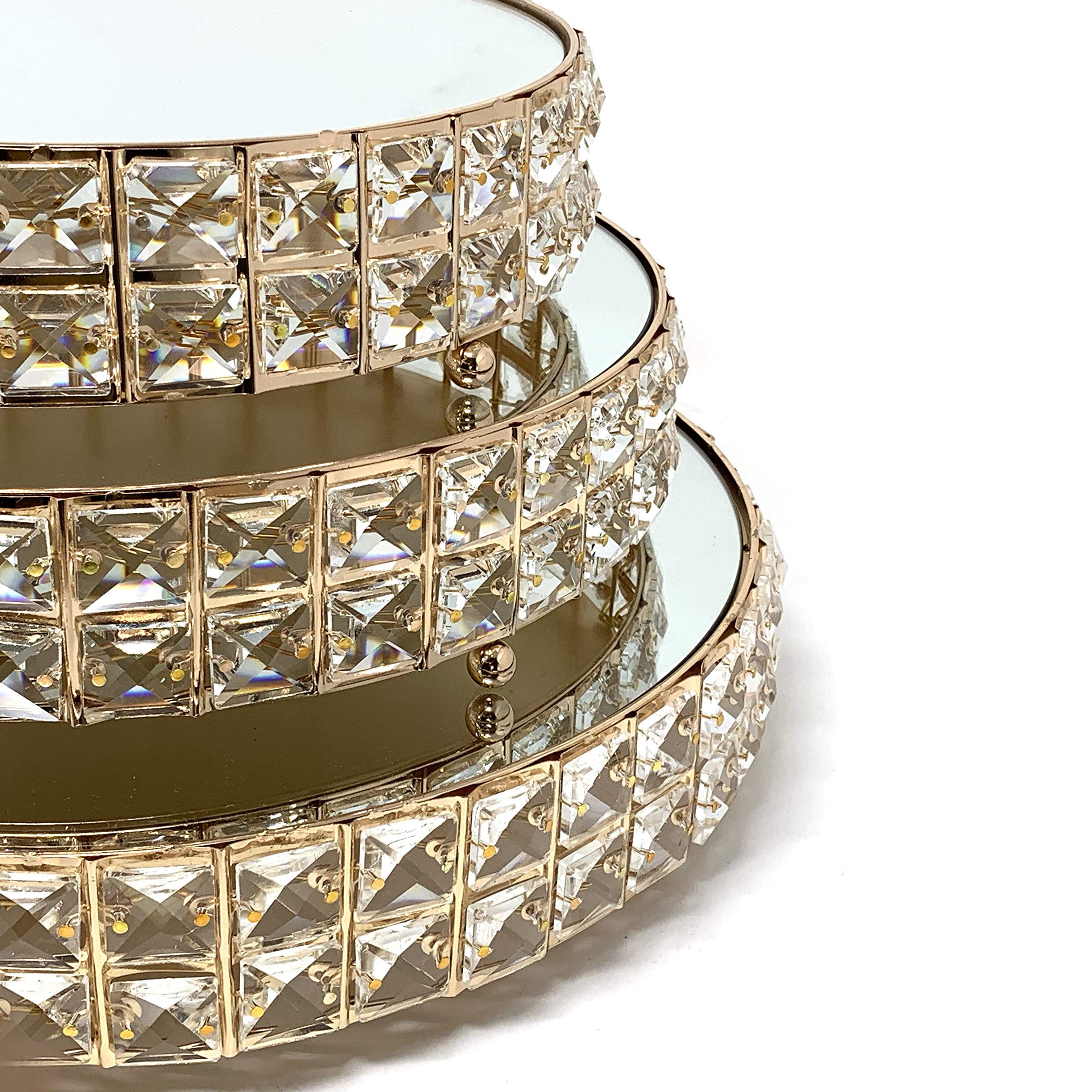 Luxury 3-Tier Crystal & Mirror Cake Stand, Gold-Plated Dessert Tower for Wedding Reception, Premium Assembled Display for Champagne Tower & Pastries, Five-Star Event Serving Set with Sparkling Crystals