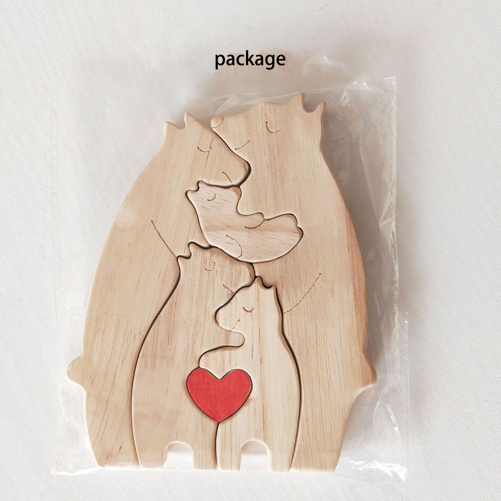 Heart-Shaped Bear Family Wood Art, Natural Oak Wall Shelf Decor for Living Room & Nursery, Handmade Wooden Puzzle Display for Mantel and Bookshelves, Sentimental Home Accent