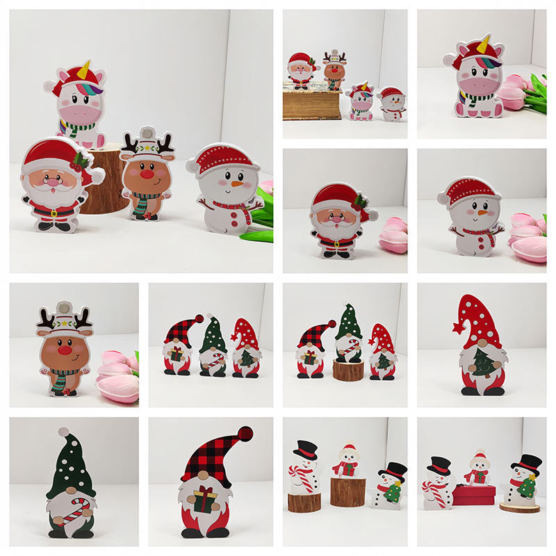 Wooden Christmas Decorations Set - Santa, Snowman, Gnome Figurines, Rustic Holiday Table Decor, Farmhouse Xmas Centerpiece