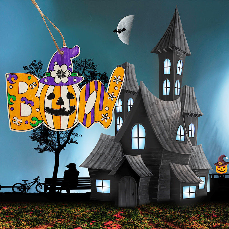 Halloween Wood Craft Kit for Kids, Pumpkin Ghost Painting Board with Pre-Drilled Holes, Spooky Art Activity for Family & Classroom, Non-Toxic DIY Decor for Children's Party