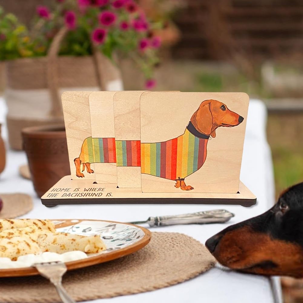 Dachshund Coasters with Holder, Wooden Coaster Set, Dachshund Themed Dining Table Decoration, Animal Coasters