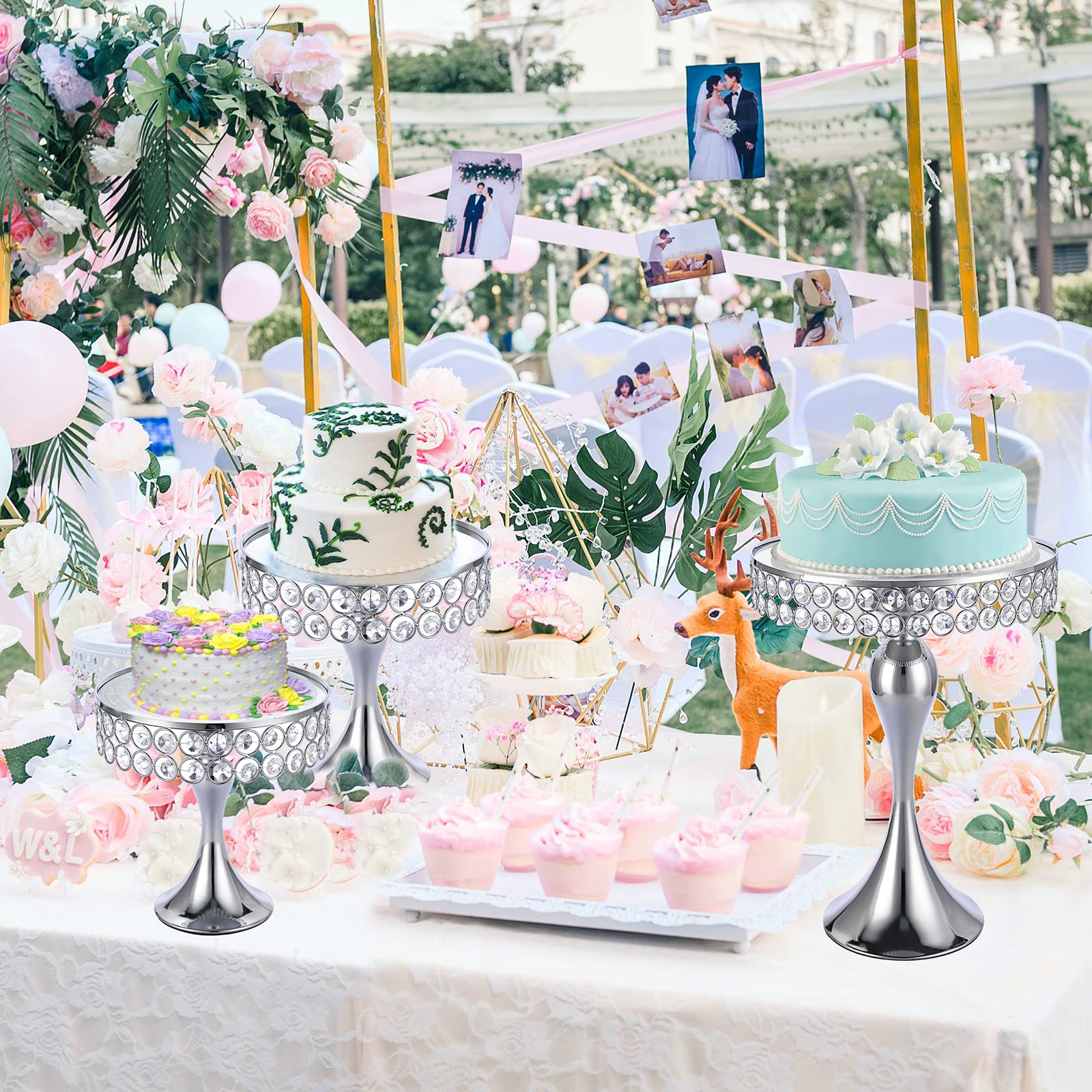 Luxury Dessert Tower Set | Silver Metal Cake Stands with Crystal Beads & Mirror Surface, 8" 10" 12" Tiered Display for Pastries Fruits Appetizers, Event Buffet Centerpiece