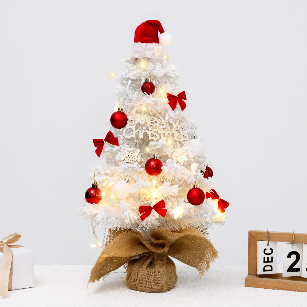 Mini Tabletop Christmas Tree with Cute Top Hat, Small Flocked White Tree Set for Desk & Shelf Decor, 45cm/60cm Artificial Xmas Tree with Ornaments, Cozy Miniature Holiday Display