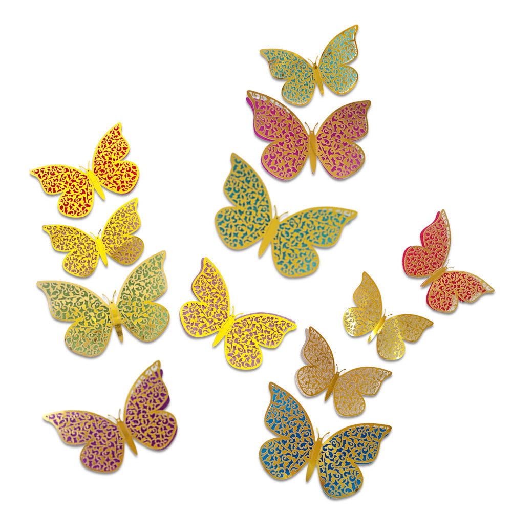 Double-Layer Rainbow 3D Butterfly Wall Decals - Hollow-Out Design for Living Room & Bedroom Decor (Festive Home Celebration Stickers)
