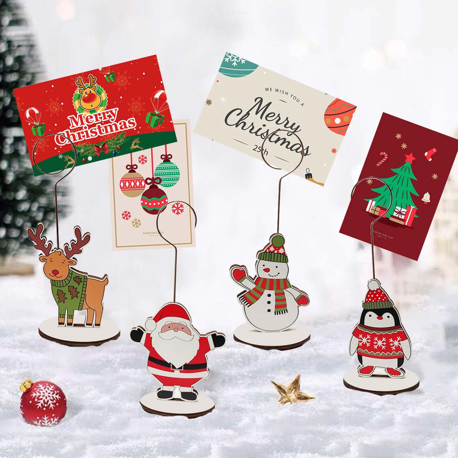 8 PCS Wooden Christmas Table Number Holders – Festive Memo Clips, Business Card Stands & Photo Holders for Holiday Party Decor