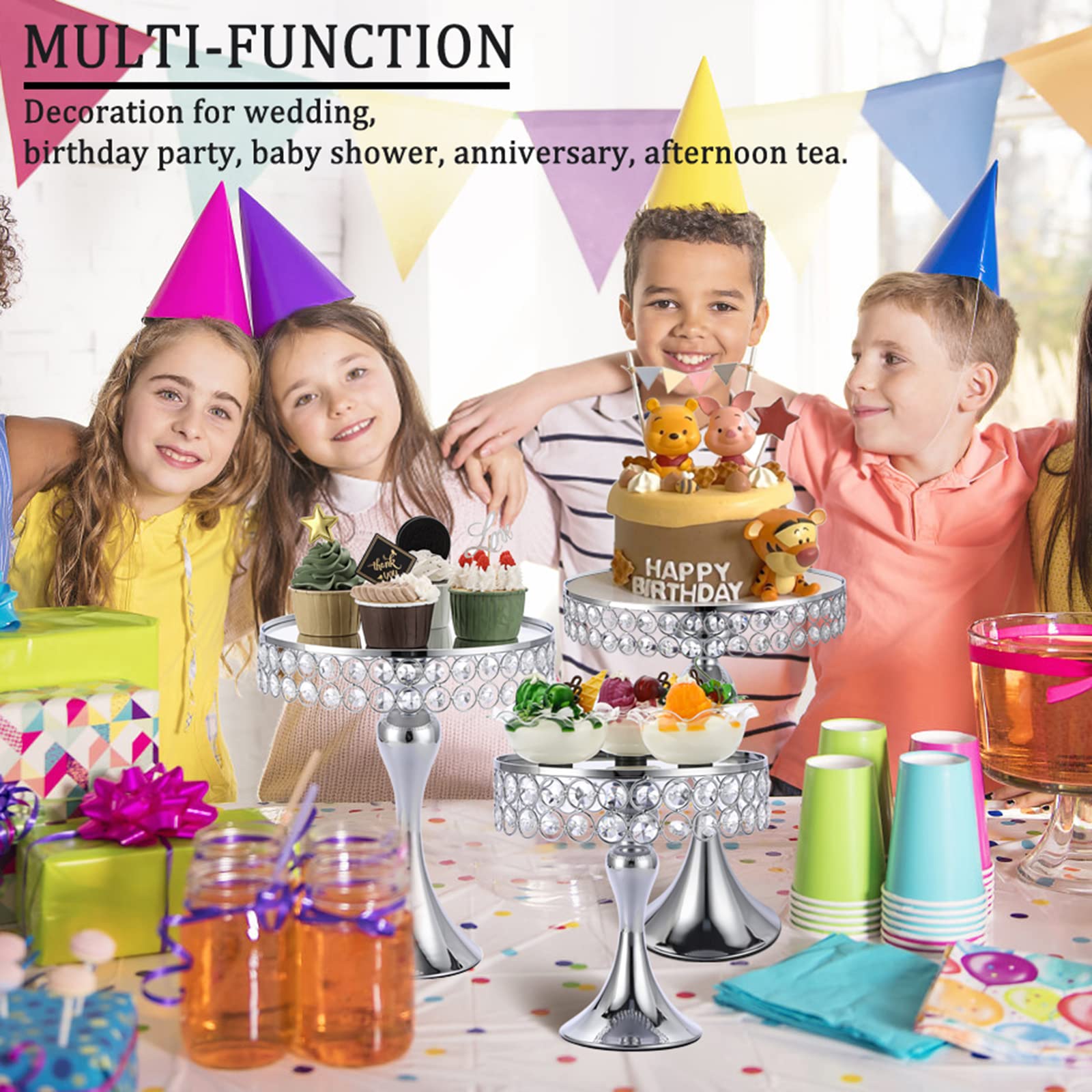 Luxury Dessert Tower Set | Silver Metal Cake Stands with Crystal Beads & Mirror Surface, 8" 10" 12" Tiered Display for Pastries Fruits Appetizers, Event Buffet Centerpiece