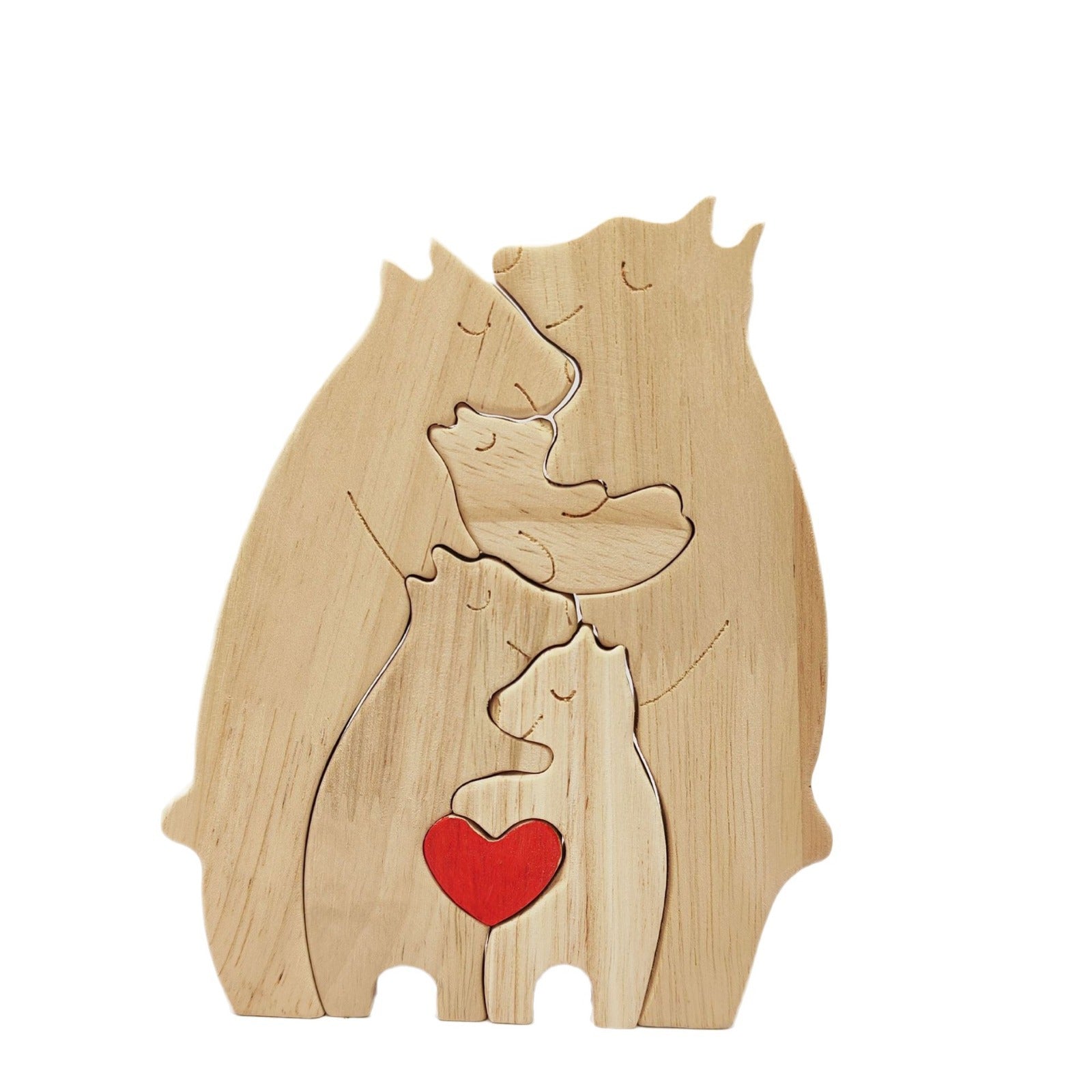 Heart-Shaped Bear Family Wood Art, Natural Oak Wall Shelf Decor for Living Room & Nursery, Handmade Wooden Puzzle Display for Mantel and Bookshelves, Sentimental Home Accent