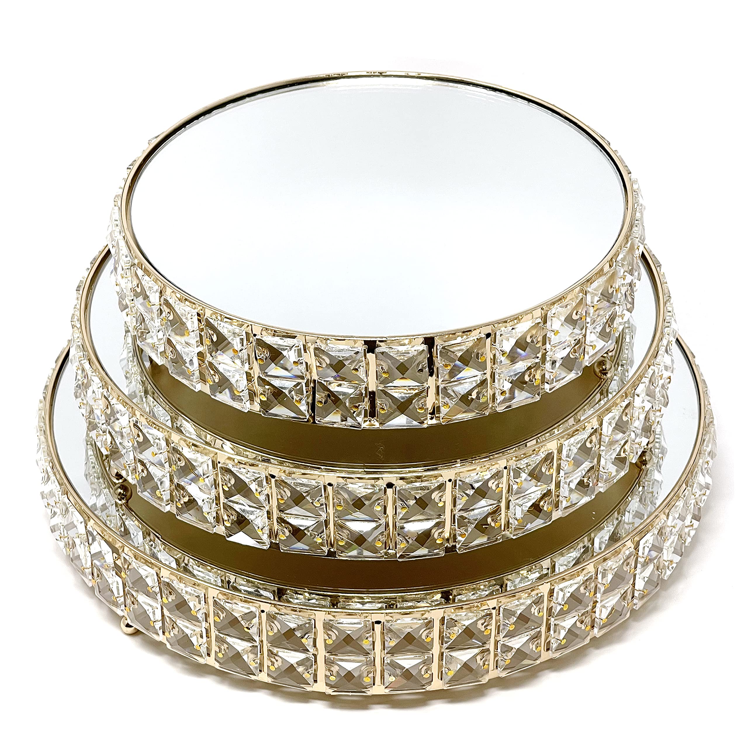 Luxury 3-Tier Crystal & Mirror Cake Stand, Gold-Plated Dessert Tower for Wedding Reception, Premium Assembled Display for Champagne Tower & Pastries, Five-Star Event Serving Set with Sparkling Crystals