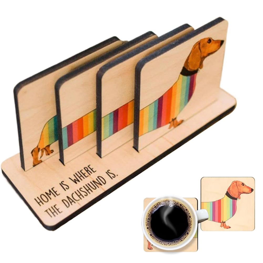 Dachshund Coasters with Holder, Wooden Coaster Set, Dachshund Themed Dining Table Decoration, Animal Coasters