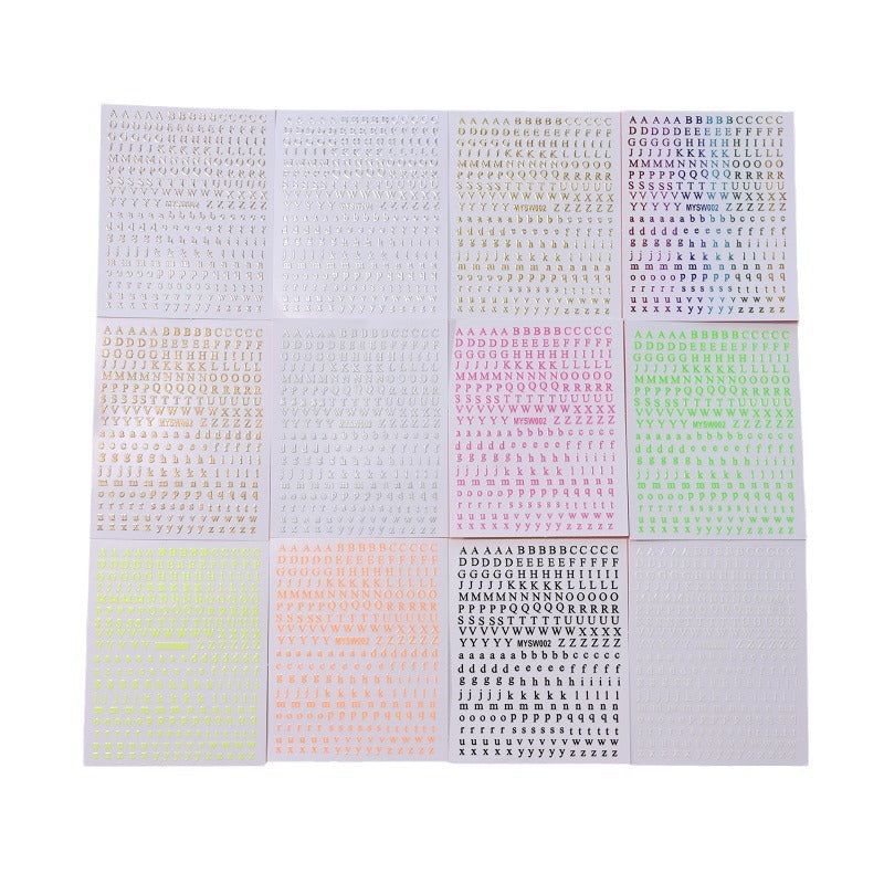 12-Color Fluorescent Nail Letter Stickers Set - Complete A-Z Alphabet (Upper & Lower Case) for School Nail Art Classes & Office Creativity