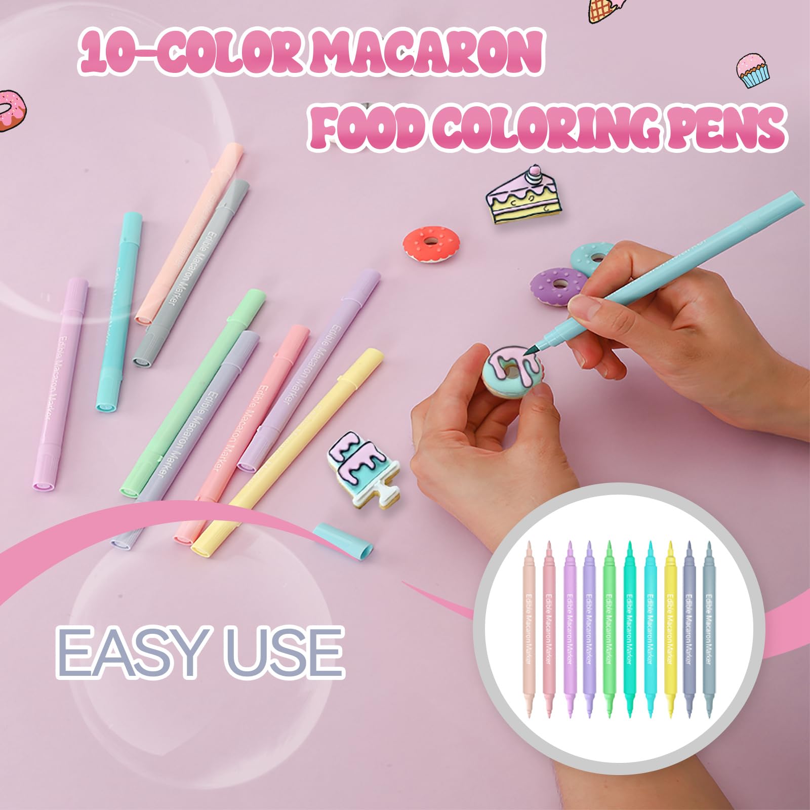 Macaron Coloring Pens (10 Pastel Colors) - Dual Tip Food Markers for Cake Decorating | Fine & Thick Edible Markers for Cookies, Fondant, Icing & Cupcakes