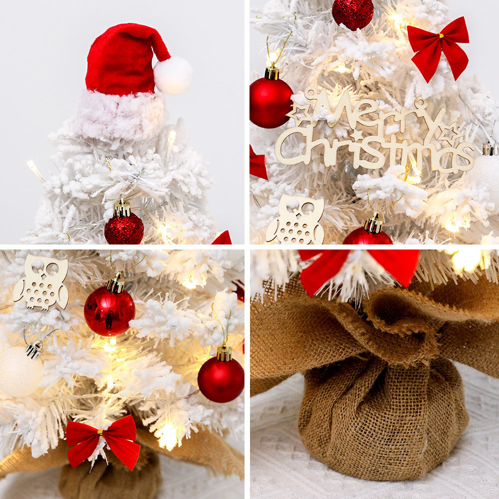 Mini Tabletop Christmas Tree with Cute Top Hat, Small Flocked White Tree Set for Desk & Shelf Decor, 45cm/60cm Artificial Xmas Tree with Ornaments, Cozy Miniature Holiday Display