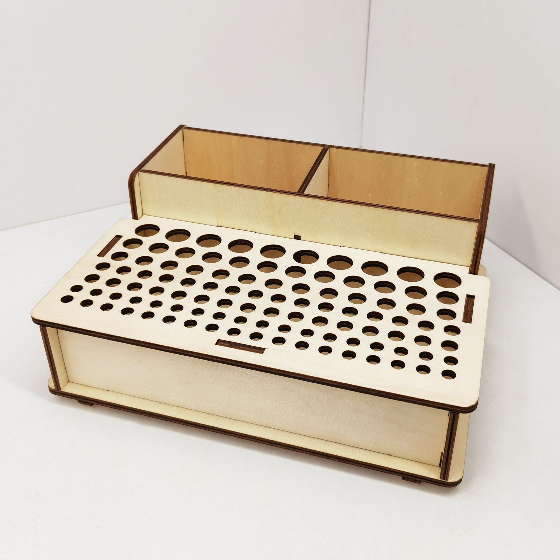 Student Desk Organizer for Art Supplies, Wooden Pen & Brush Holder with Multi-Compartment, Study Table Storage for School Essentials, Homework Tool Organization System