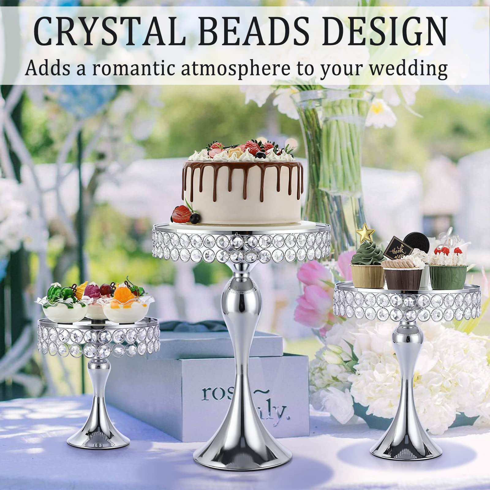 Luxury Dessert Tower Set | Silver Metal Cake Stands with Crystal Beads & Mirror Surface, 8" 10" 12" Tiered Display for Pastries Fruits Appetizers, Event Buffet Centerpiece