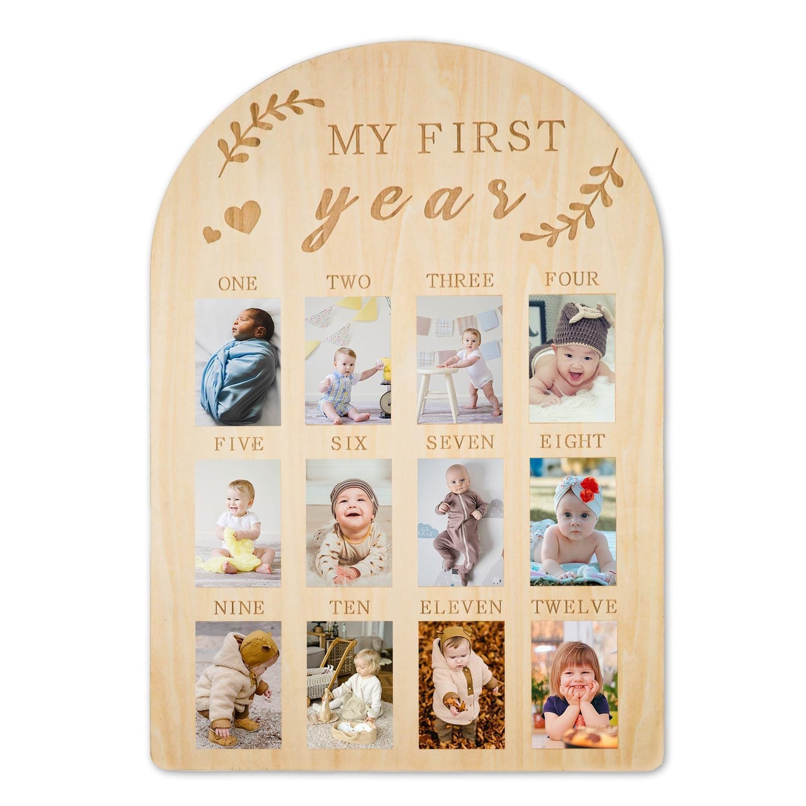 My First Year Display Photo Board First Birthday Wooden Photo Frame Wood One Year Baby Monthly Picture Board 12 Months Milestone Baby Keepsake Gift Baby Shower Backdrop Photo Prop Party Decoration