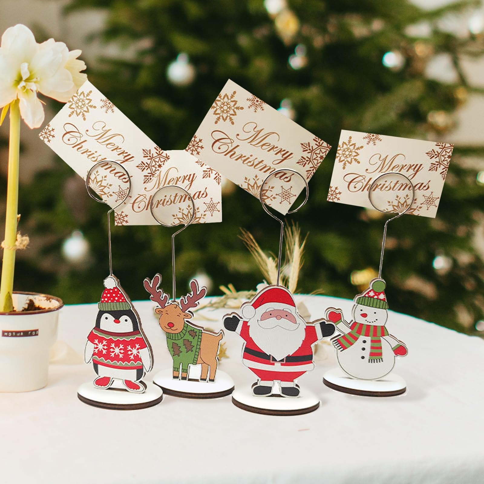 8 PCS Wooden Christmas Table Number Holders – Festive Memo Clips, Business Card Stands & Photo Holders for Holiday Party Decor