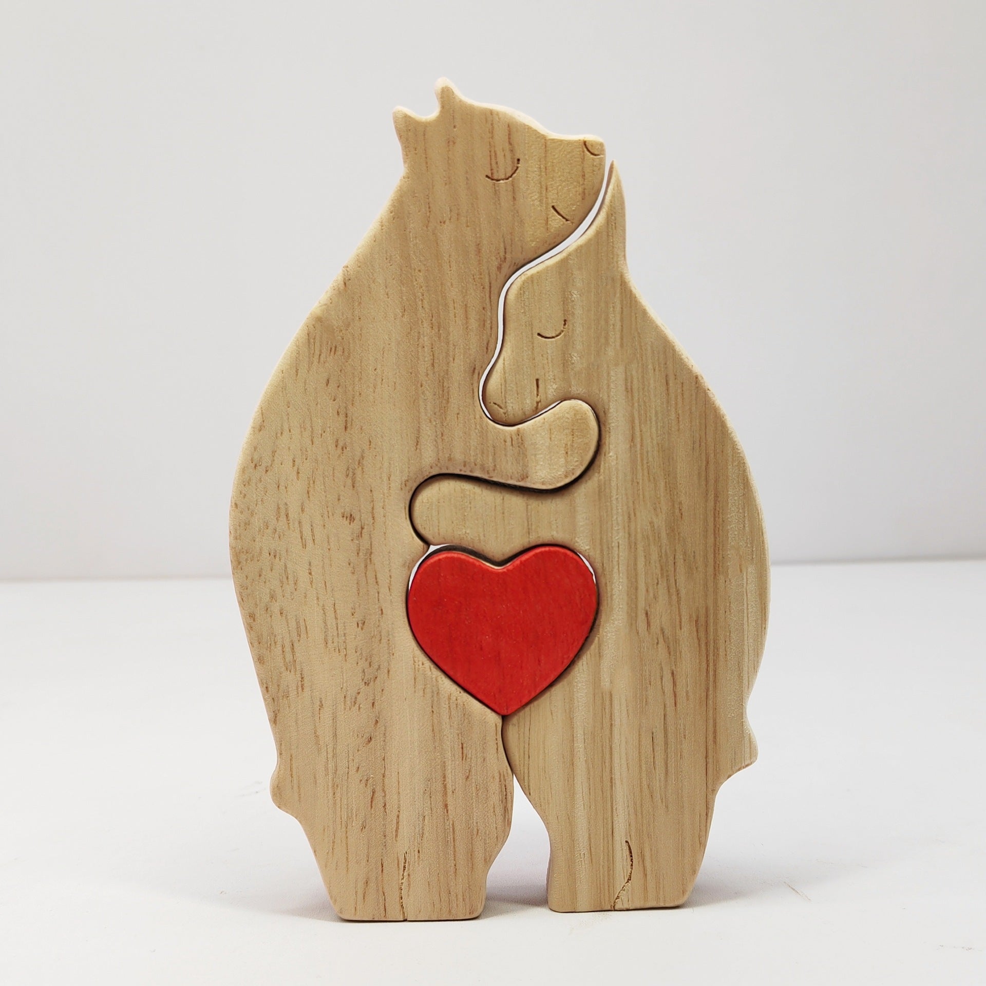 Heart-Shaped Bear Family Wood Art, Natural Oak Wall Shelf Decor for Living Room & Nursery, Handmade Wooden Puzzle Display for Mantel and Bookshelves, Sentimental Home Accent