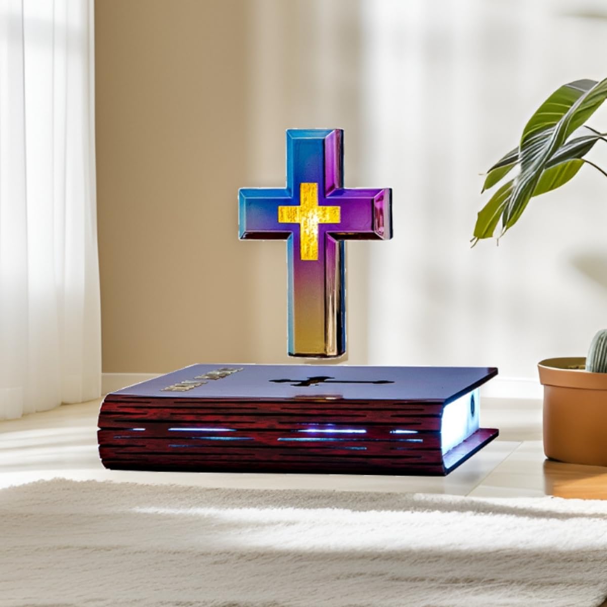 Holy Levitating Cross Lamp with Soft Glow, Sacred Floating Decor for Prayer Space, Mood Lighting for Church Chapel & Christian Home, Meditative Ambient Religious Gift