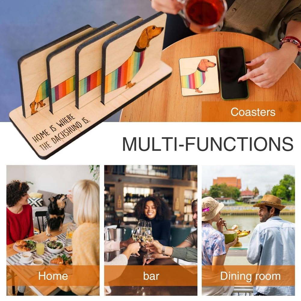 Dachshund Coasters with Holder, Wooden Coaster Set, Dachshund Themed Dining Table Decoration, Animal Coasters