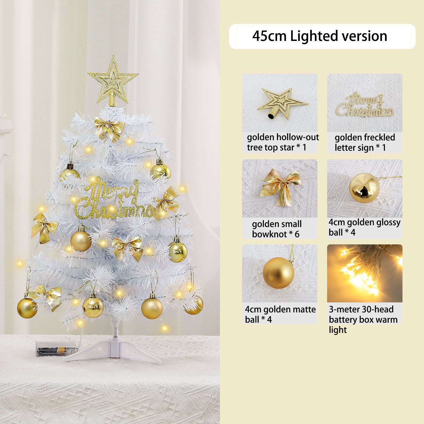 Christmas Eve Centerpiece Tree, Gold & White Mini Tree for Holiday Tablescapes, 45cm/60cm Battery Operated Festive Decor, Ceremonial Tabletop Ornament for Family Gatherings
