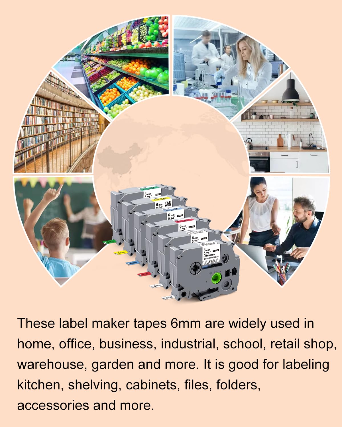 Compatible with Brother Label Tape TZe TZ Tape 6mm 1/4" Label Maker Tape TZe-111 TZe 211 411 511 611 711 Laminated Labels for Brother PT-D210 PT-H110 PTD400 PT1280 PTP300BT P700, 6 Pack/1pcs bulk packing