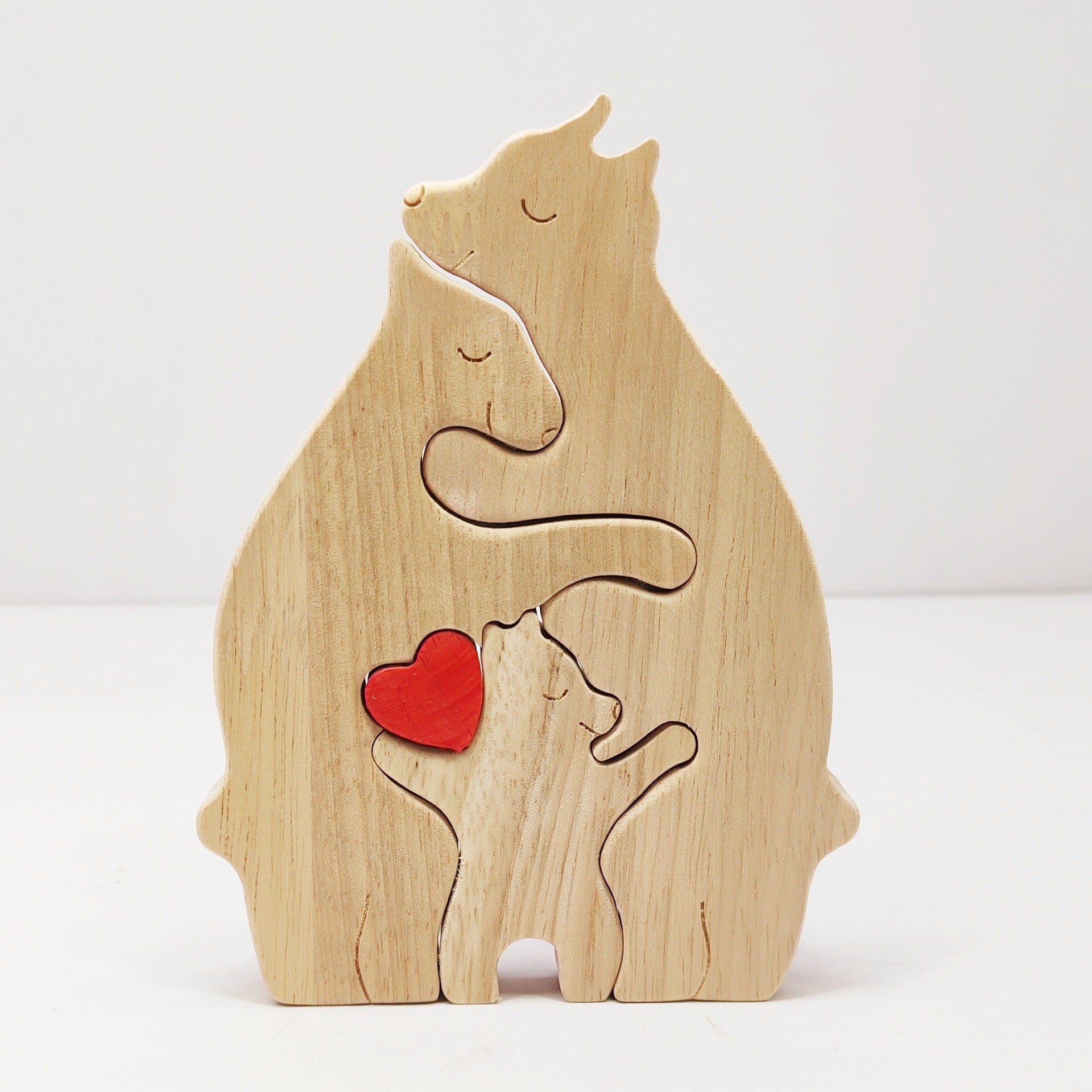 Heart-Shaped Bear Family Wood Art, Natural Oak Wall Shelf Decor for Living Room & Nursery, Handmade Wooden Puzzle Display for Mantel and Bookshelves, Sentimental Home Accent