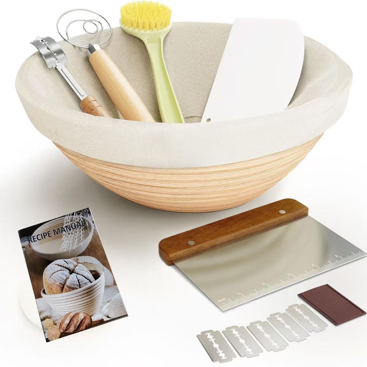 Banneton Bread Proofing Basket Set, 9 Inch Round Sourdough Starter Kit, Baking Supplies Tools with Dough Whisk, Scoring Lame, and Other Accessories for Artisan Bread Making