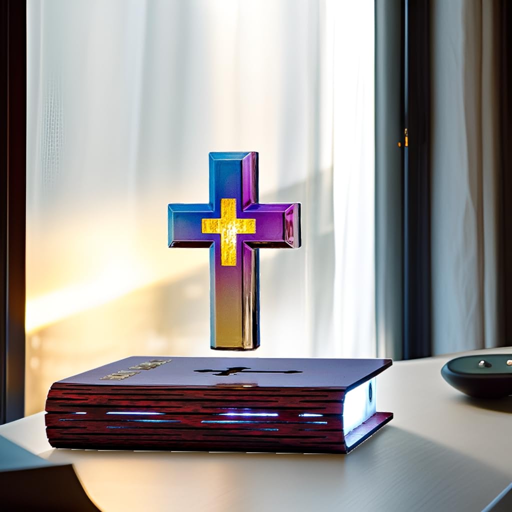 Holy Levitating Cross Lamp with Soft Glow, Sacred Floating Decor for Prayer Space, Mood Lighting for Church Chapel & Christian Home, Meditative Ambient Religious Gift