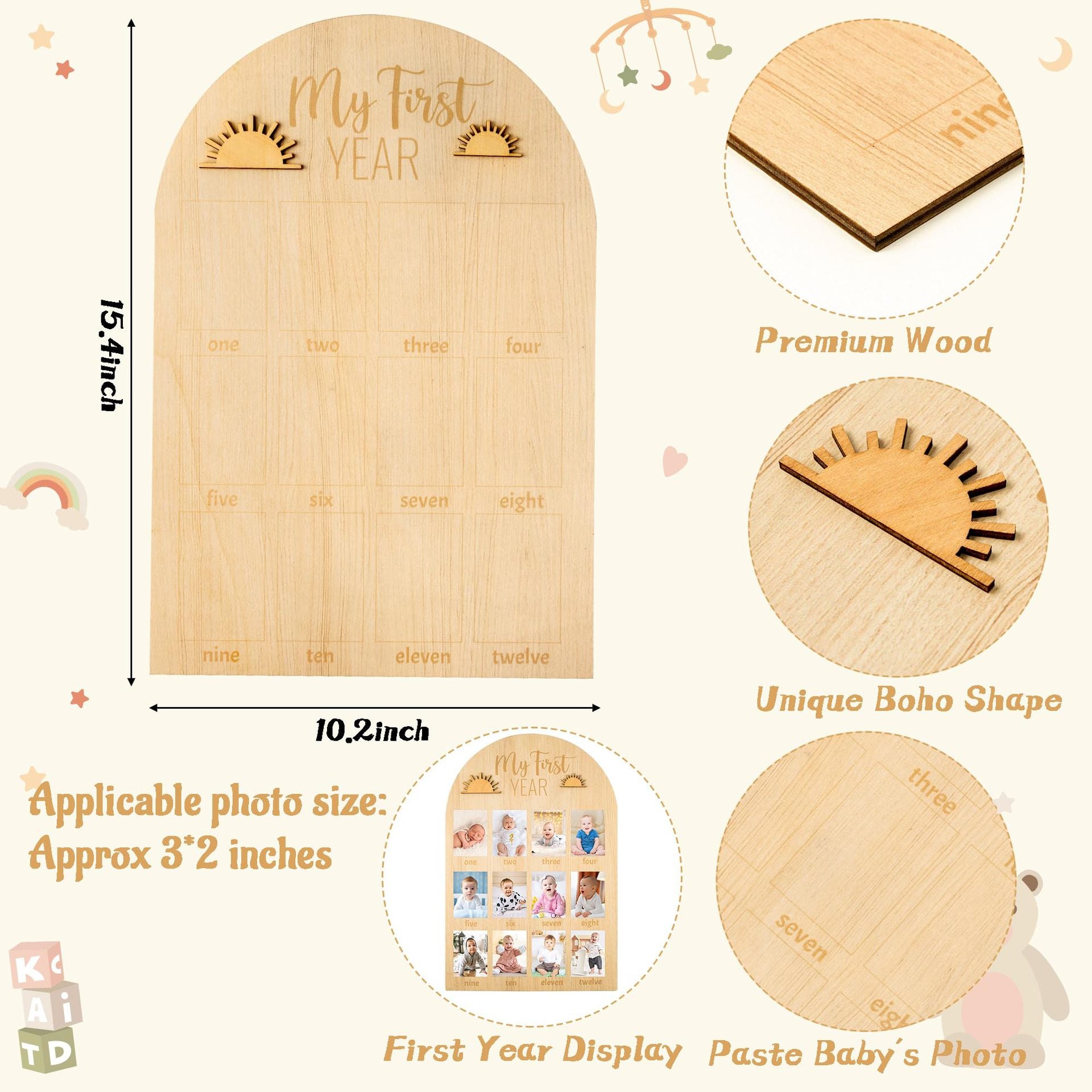 My First Year Display Photo Board First Birthday Wooden Photo Frame Wood One Year Baby Monthly Picture Board 12 Months Milestone Baby Keepsake Gift Baby Shower Backdrop Photo Prop Party Decoration