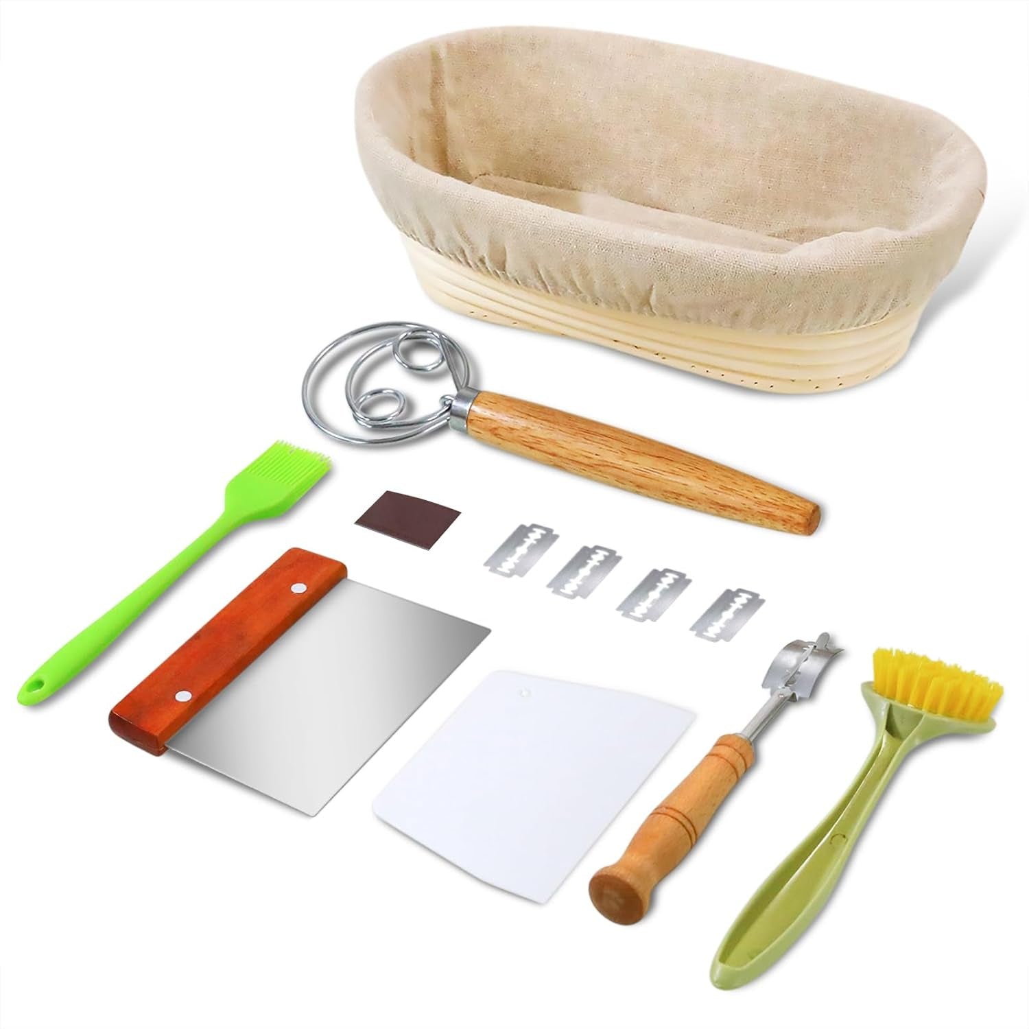 Banneton Bread Proofing Basket Set, 9 Inch Round Sourdough Starter Kit, Baking Supplies Tools with Dough Whisk, Scoring Lame, and Other Accessories for Artisan Bread Making
