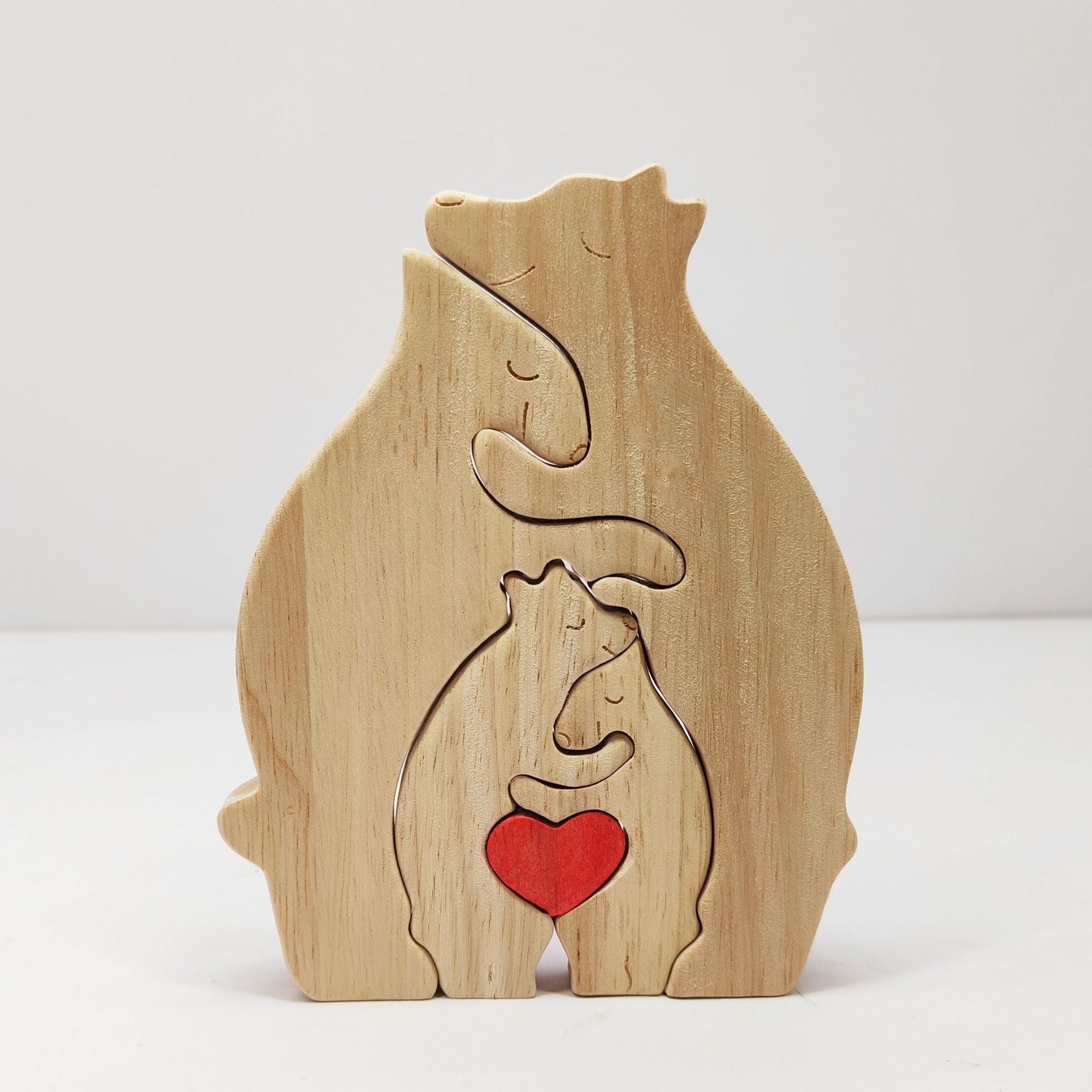 Heart-Shaped Bear Family Wood Art, Natural Oak Wall Shelf Decor for Living Room & Nursery, Handmade Wooden Puzzle Display for Mantel and Bookshelves, Sentimental Home Accent