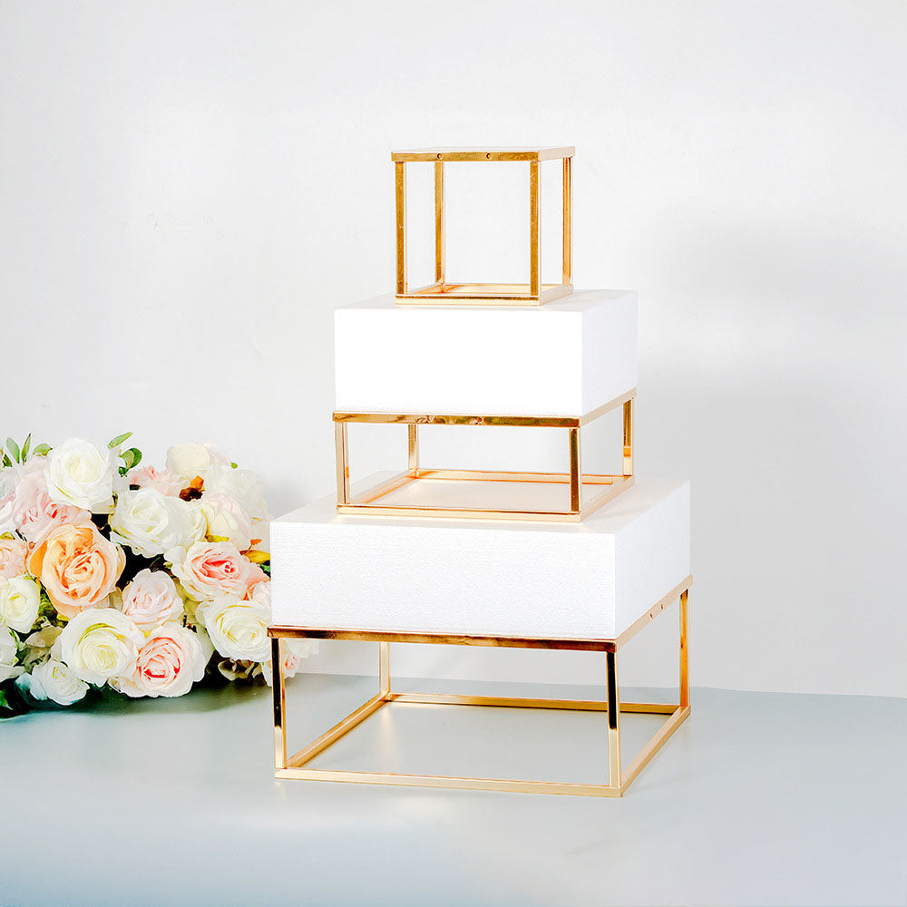 3-Tier Square Gold Cake Stand, Luxury Wedding Birthday Dessert Display, Vintage Cupcake Tower, Bakery Display Tray, Anniversary Party Centerpiece Decor
