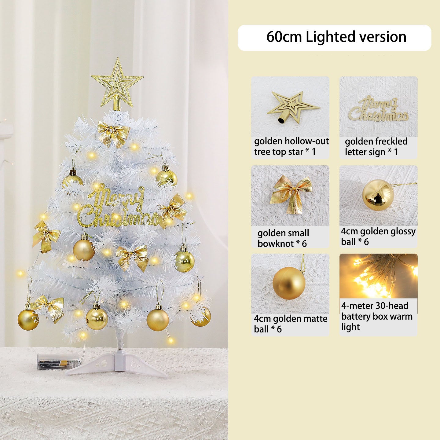 Christmas Eve Centerpiece Tree, Gold & White Mini Tree for Holiday Tablescapes, 45cm/60cm Battery Operated Festive Decor, Ceremonial Tabletop Ornament for Family Gatherings