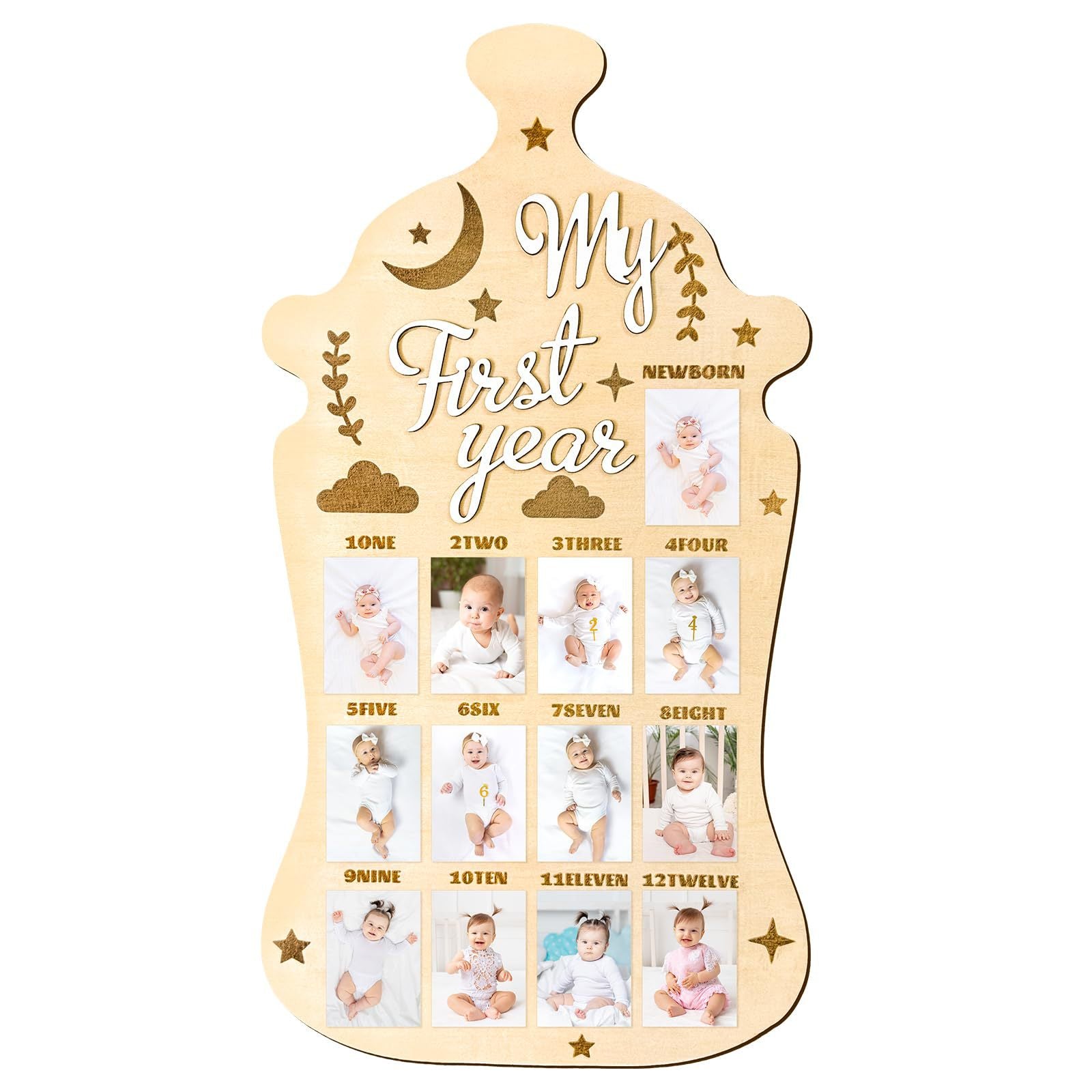 My First Year Display Photo Board First Birthday Wooden Photo Frame Wood One Year Baby Monthly Picture Board 12 Months Milestone Baby Keepsake Gift Baby Shower Backdrop Photo Prop Party Decoration
